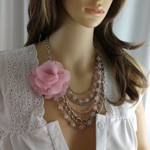 Multi Strand Layered Flower Pink Beaded Silver Tone Chain Necklace Adjustable